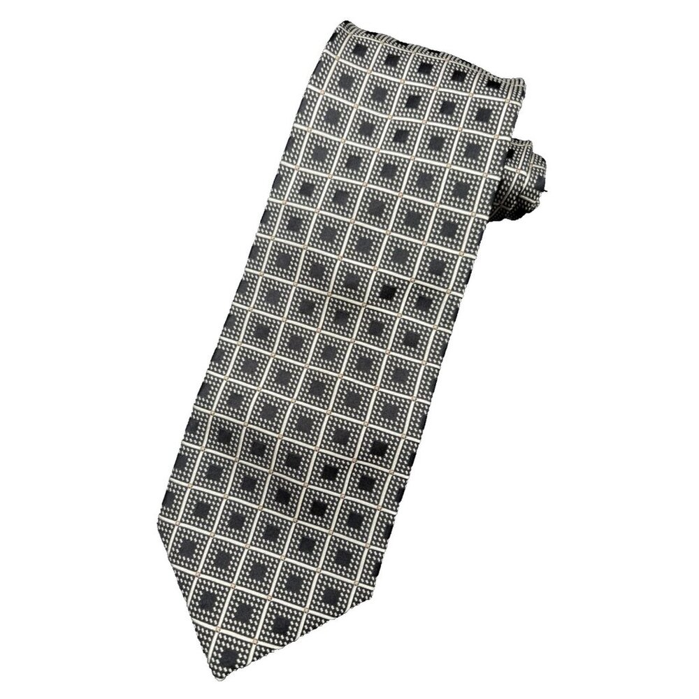 Black Silver Men's Tie 100% Silk Geometric Diamond Peacock Handmade EUC